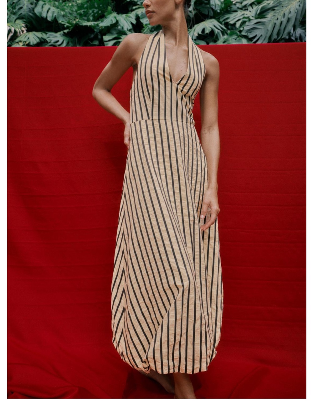 Zara Beige and Black Striped Halter Maxi Dress